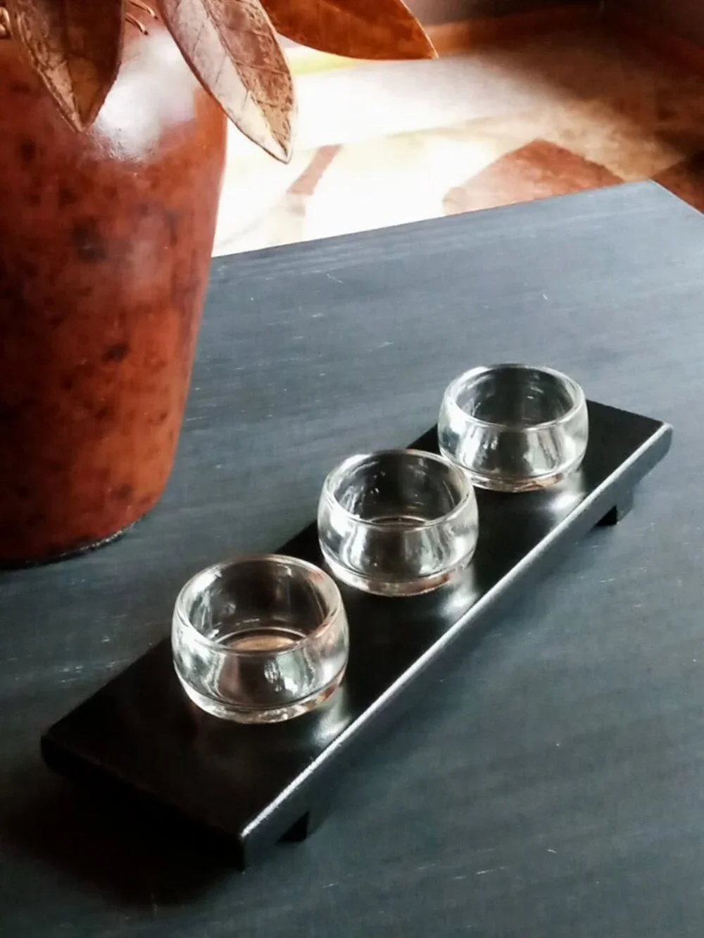 3-Cup Glass Votive/Tealight Candle Holder Centerpiece w/Black Wooden Tray Decor